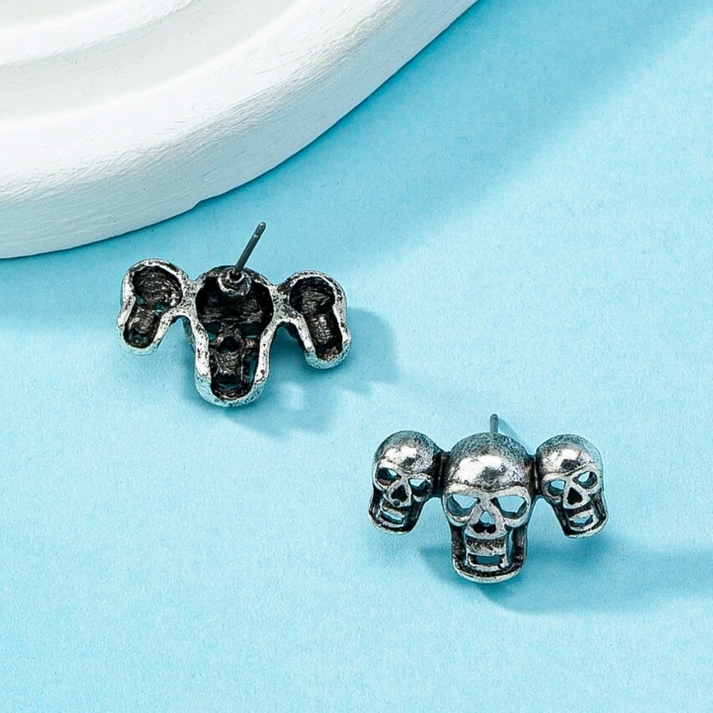 Antiqued Silver Triple Skull Stud Earrings - Picture 3 of 5